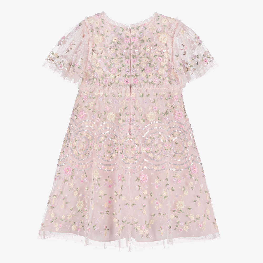 Needle & Thread-Girls Pink Tulle Dress with Lilac & Ivory Floral Embroidery | Childrensalon