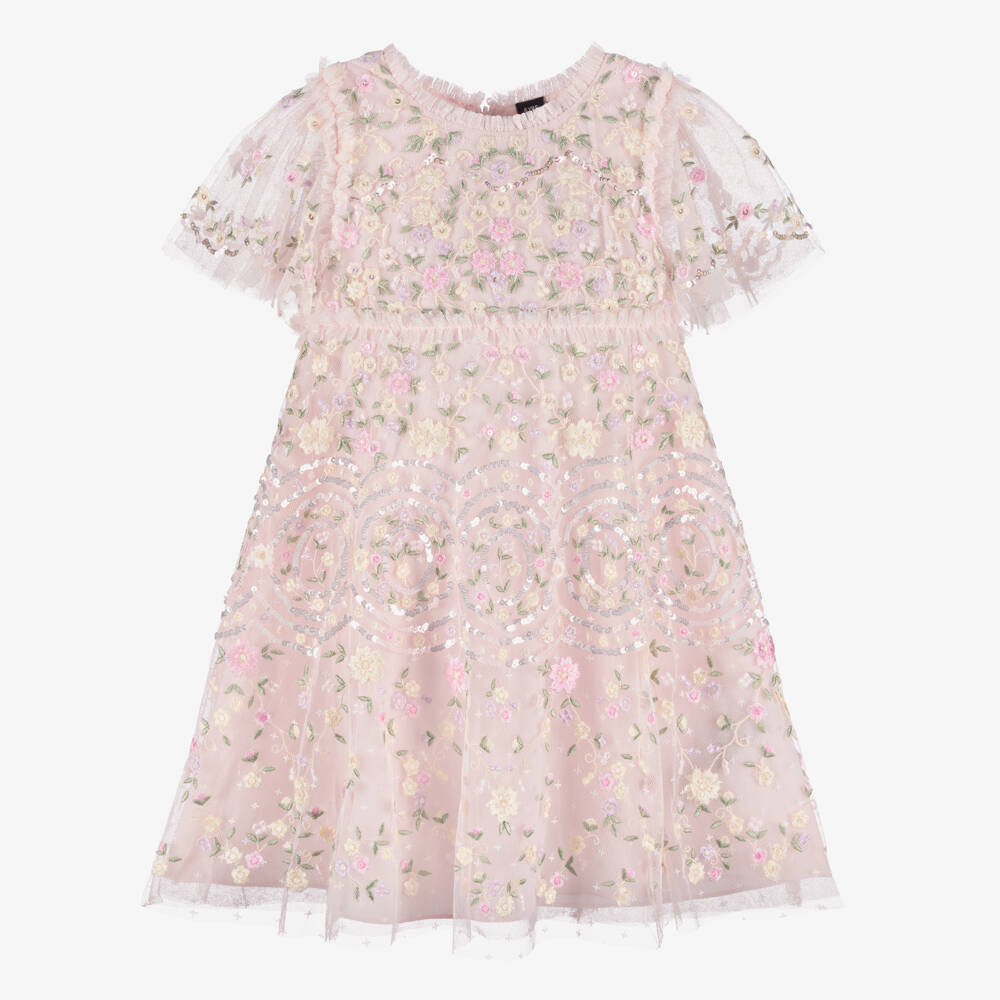 Needle & Thread-Girls Pink Tulle Dress with Lilac & Ivory Floral Embroidery | Childrensalon