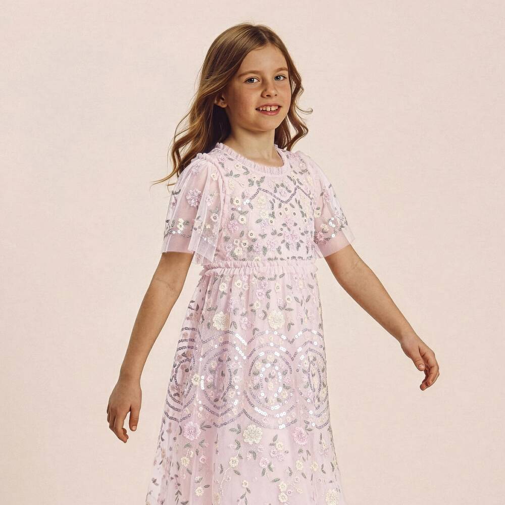 Needle & Thread-Платье розовое из тюля с сиренево-кремовой цветочной вышивкой для девочек | Childrensalon