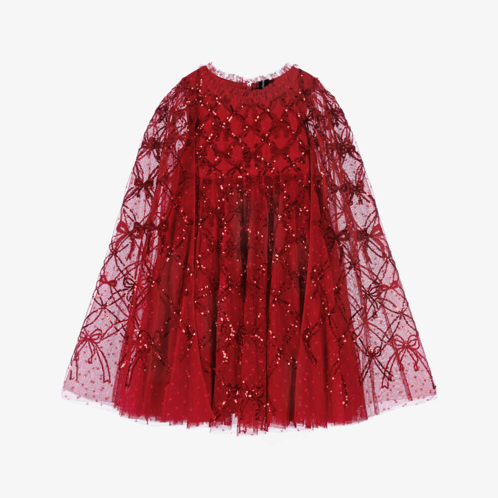 Needle & Thread-Girls Red Sequinned Bow Lattice Cape Dress | Childrensalon