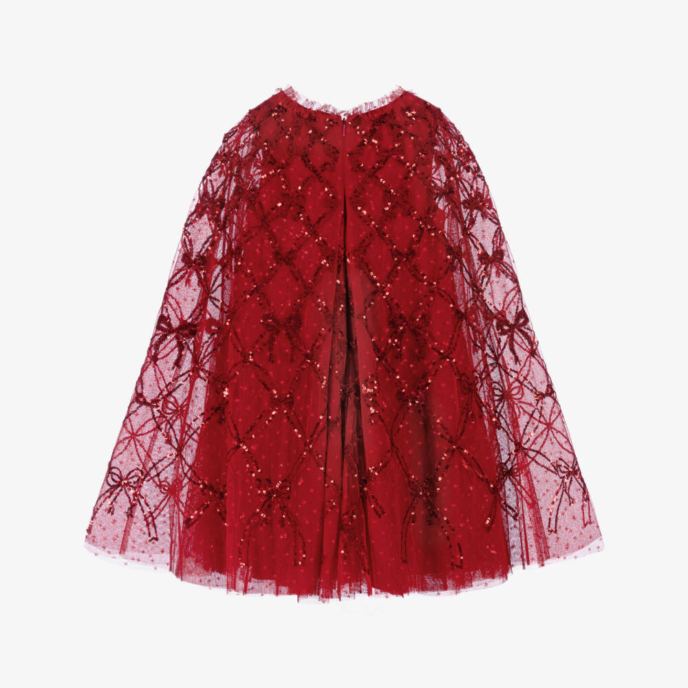 Needle & Thread-Girls Red Sequinned Bow Lattice Cape Dress | Childrensalon