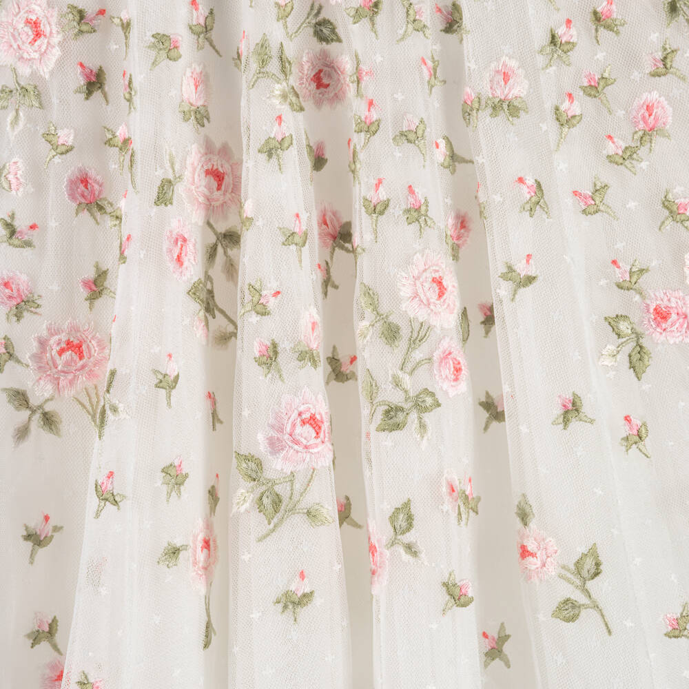 Needle & Thread-Girls White Tulle Dress with Pink Floral Embroidery | Childrensalon