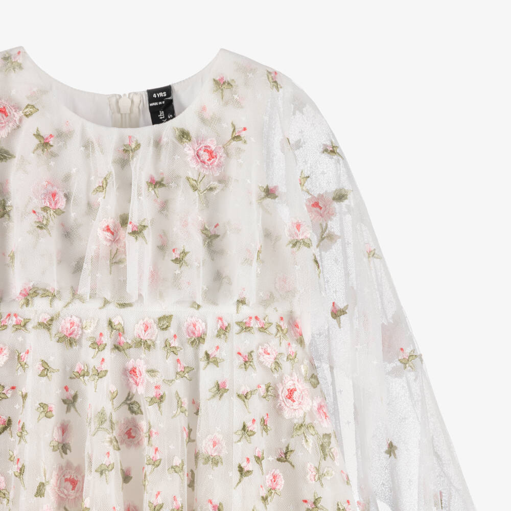 Needle & Thread-Girls White Tulle Dress with Pink Floral Embroidery | Childrensalon