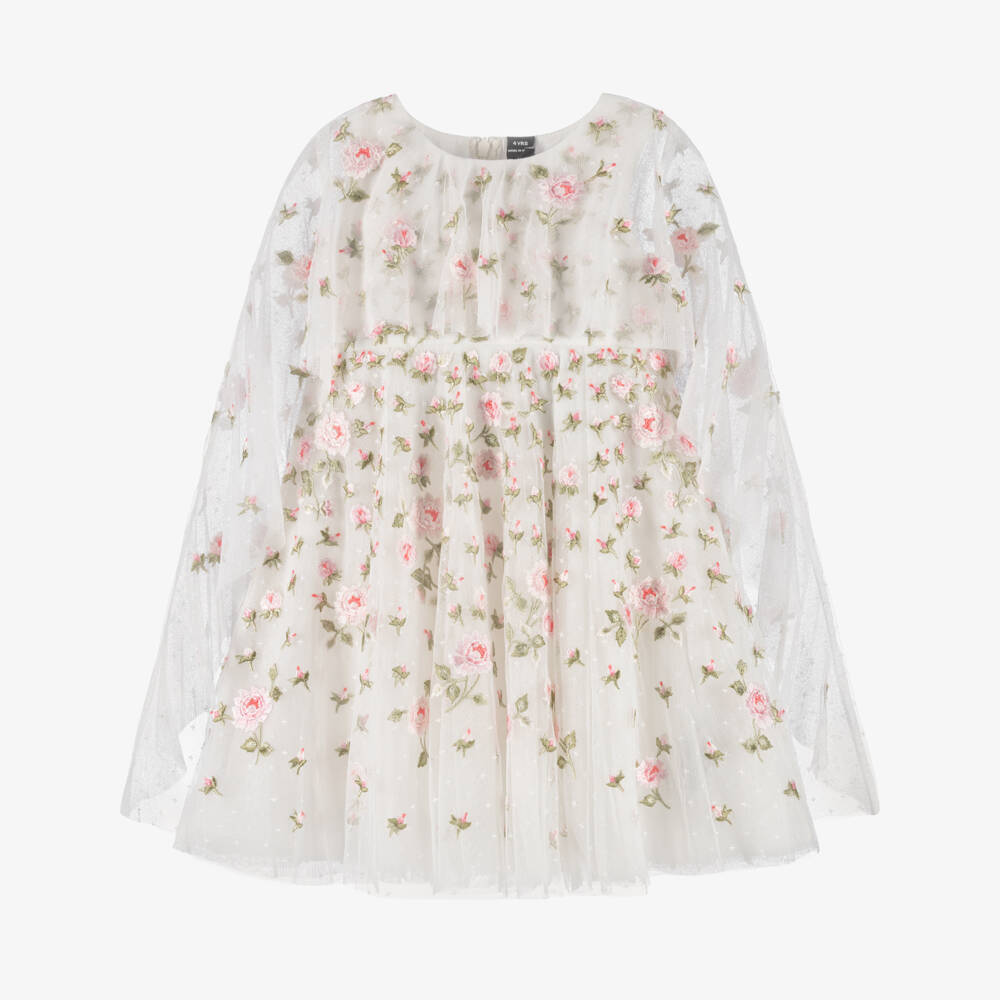 Needle & Thread-Girls White Tulle Dress with Pink Floral Embroidery | Childrensalon