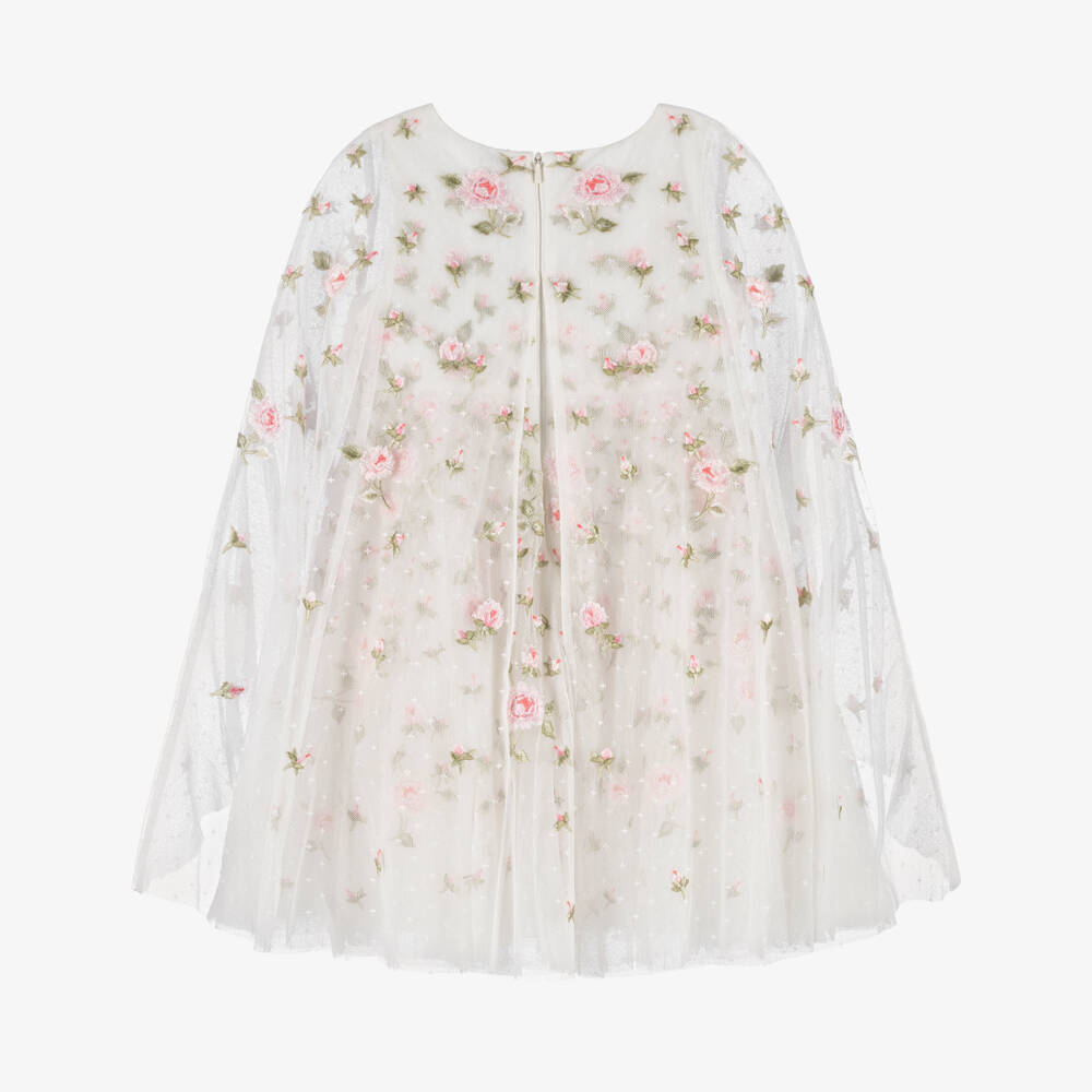 Needle & Thread-Girls White Tulle Dress with Pink Floral Embroidery | Childrensalon