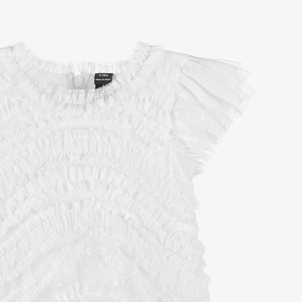 Needle & Thread-فستان تول مزين بكشكش متموج لون أبيض للبنات | Childrensalon