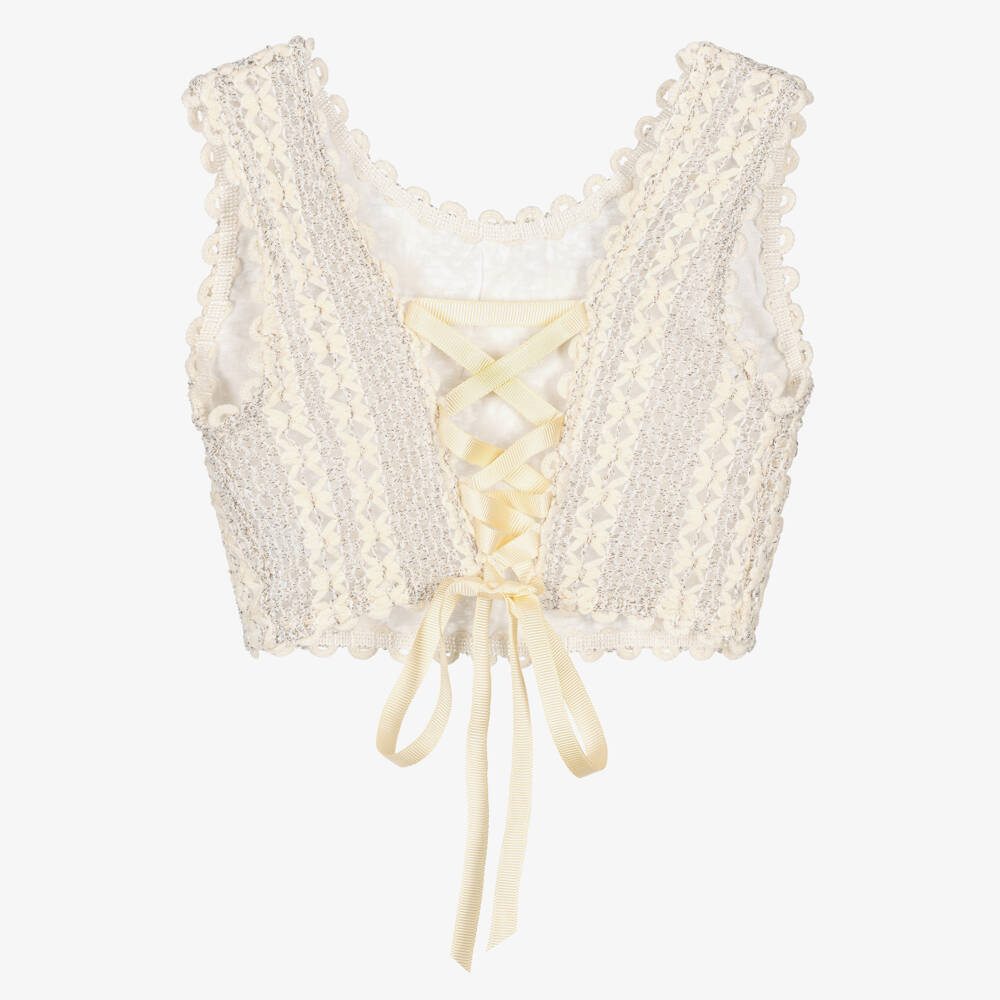Nessi Byrd-Girls Beige Crochet Top with Lace-Up Ribbon (UV50) | Childrensalon