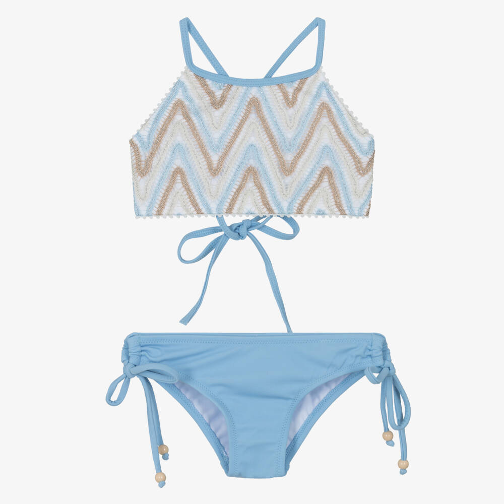 Nessi Byrd-بيكيني بطبقة دانتيل زيغ زاغ لون أزرق وبيج للبنات | Childrensalon