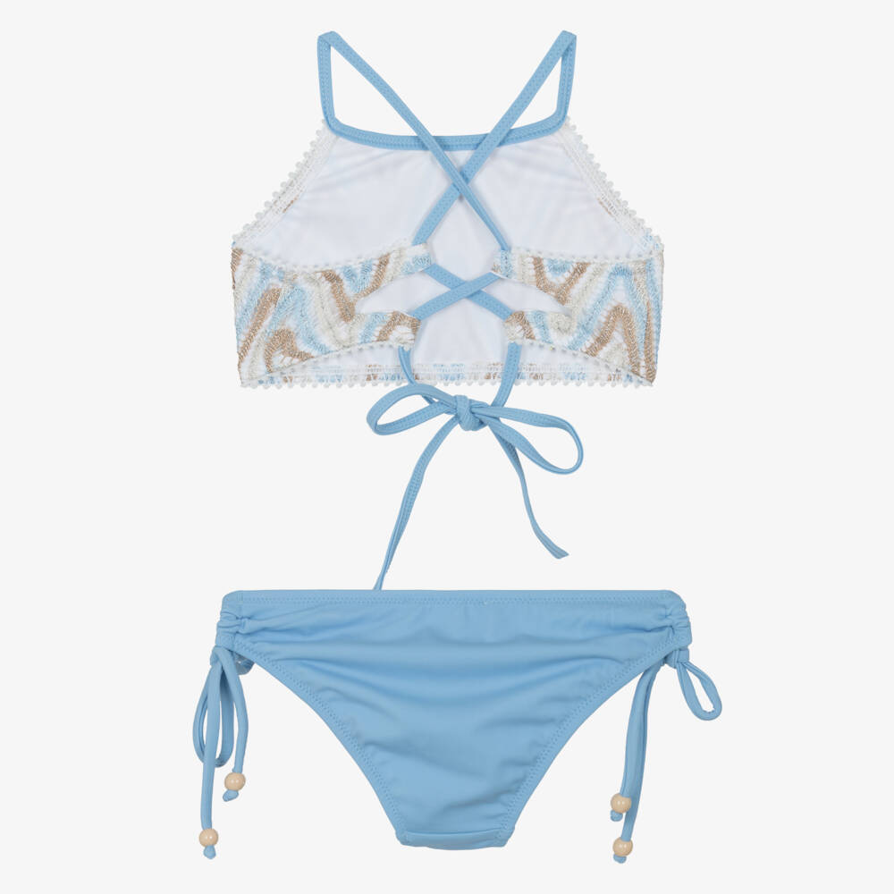 Nessi Byrd-بيكيني بطبقة دانتيل زيغ زاغ لون أزرق وبيج للبنات | Childrensalon