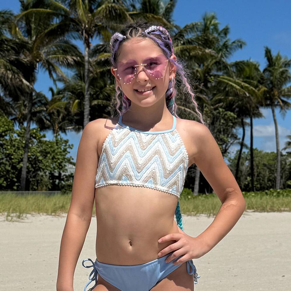 Nessi Byrd-Girls Blue & Beige Bikini with Zigzag Overlay | Childrensalon