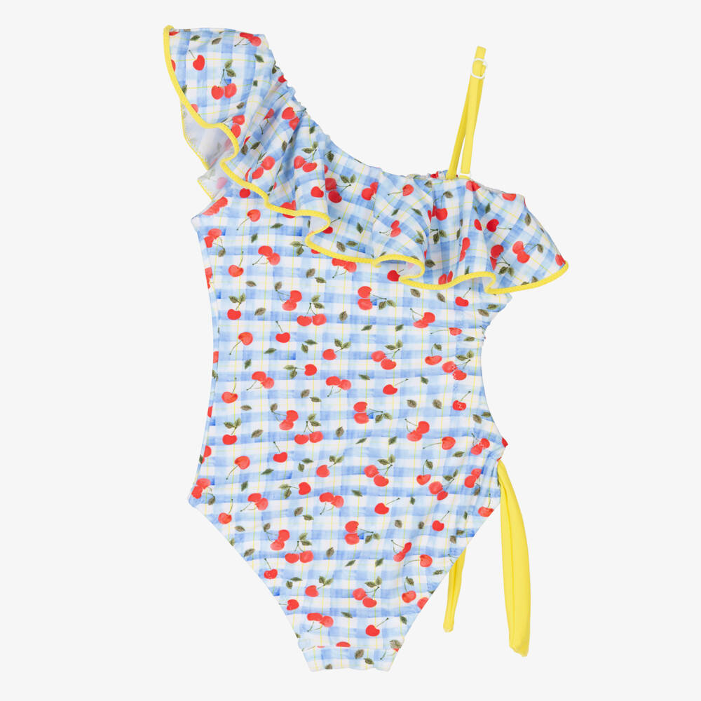 Nessi Byrd-Girls Blue Check & Cherry Print Swimsuit | Childrensalon