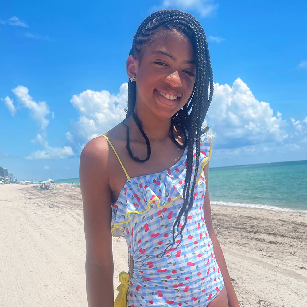 Nessi Byrd-Girls Blue Check & Cherry Print Swimsuit | Childrensalon