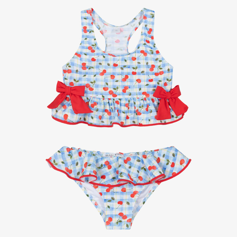 Nessi Byrd-بيكيني بطبعة كرز وجيغهام لون أزرق للبنات (UV50) | Childrensalon