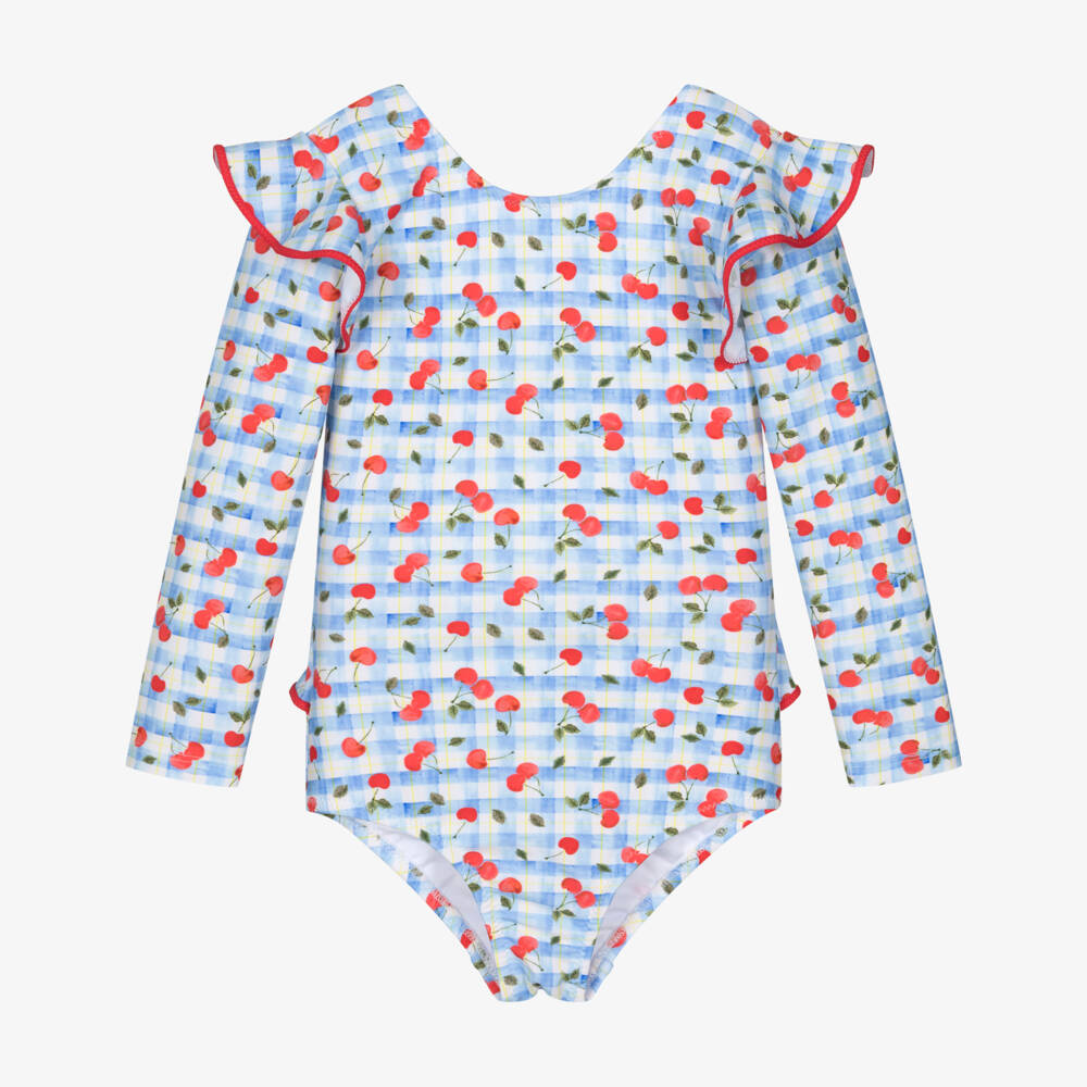 Nessi Byrd-Купальник голубой в клетку с вишнями для девочек (UV50) | Childrensalon