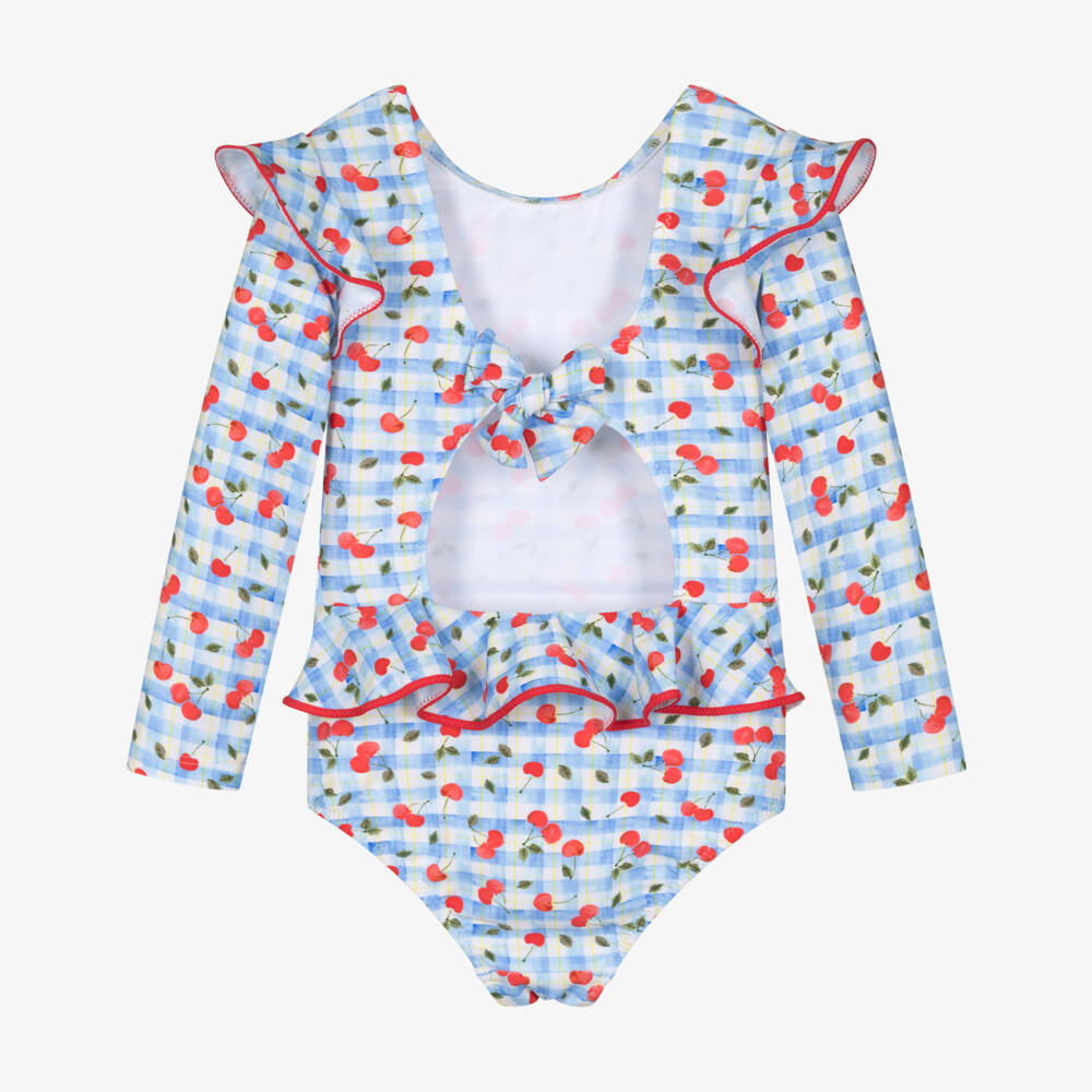 Nessi Byrd-Купальник голубой в клетку с вишнями для девочек (UV50) | Childrensalon