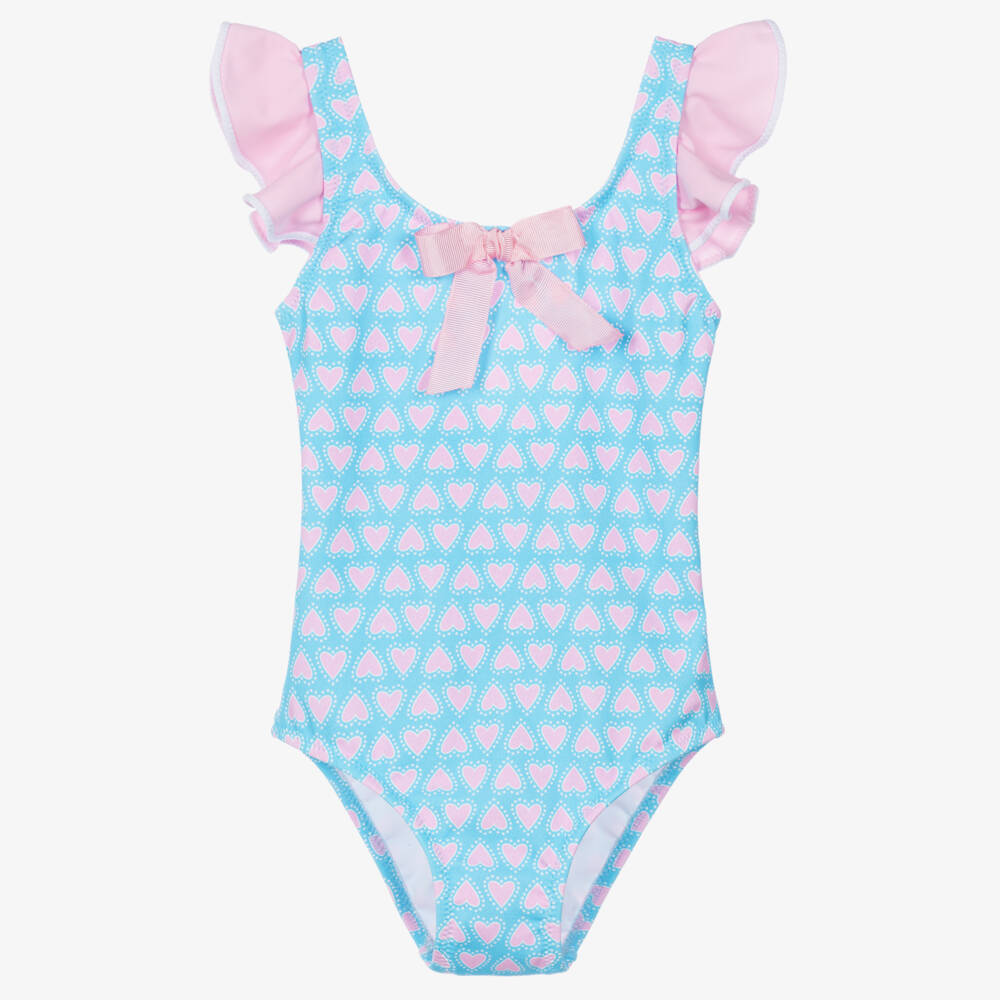 Nessi Byrd-Girls Blue & Pink Heart Print Swimsuit (UV50) | Childrensalon
