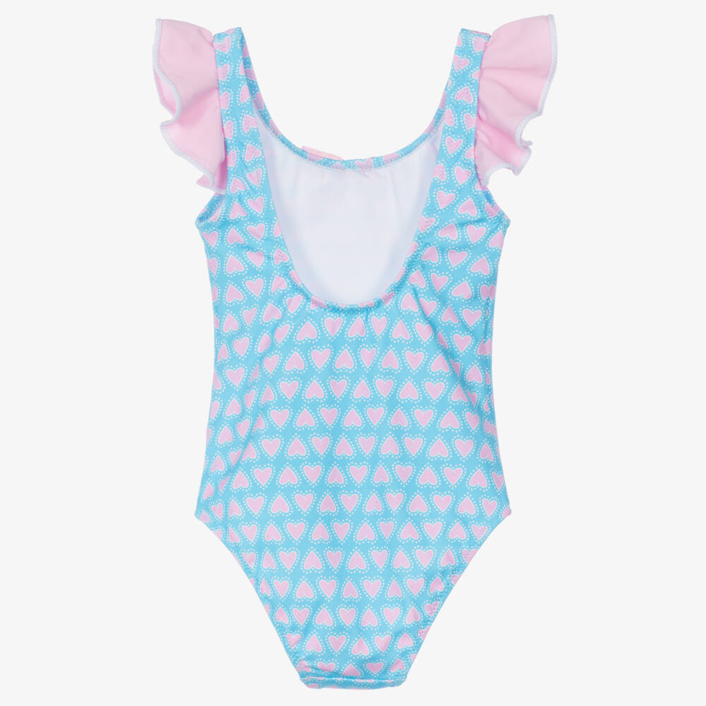 Nessi Byrd-Girls Blue & Pink Heart Print Swimsuit (UV50) | Childrensalon