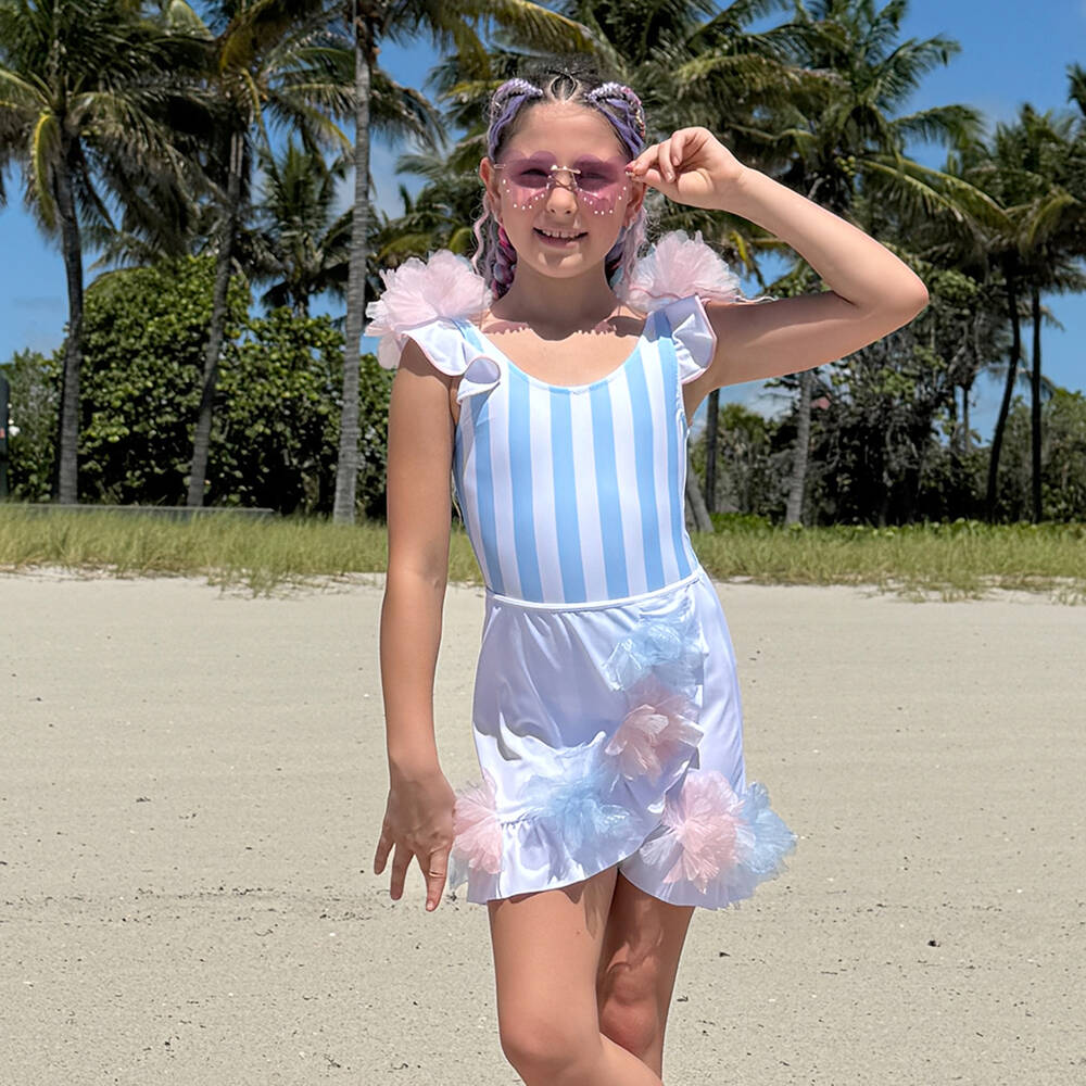 Nessi Byrd-Girls Blue & White Stripe UV50 Swimsuit with Flowers | Childrensalon