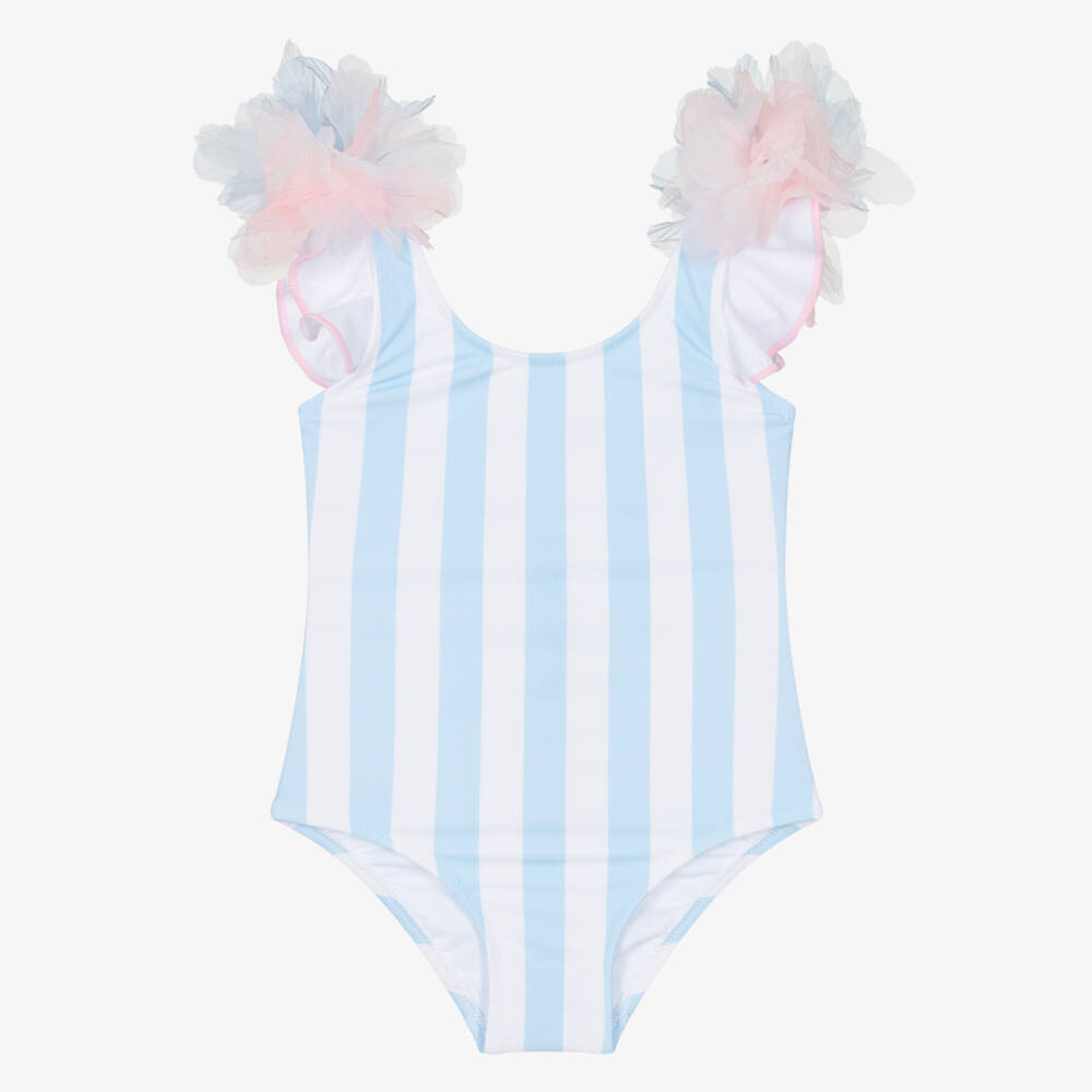 Nessi Byrd-Купальник бело-голубой в полоску с цветами для девочек | Childrensalon