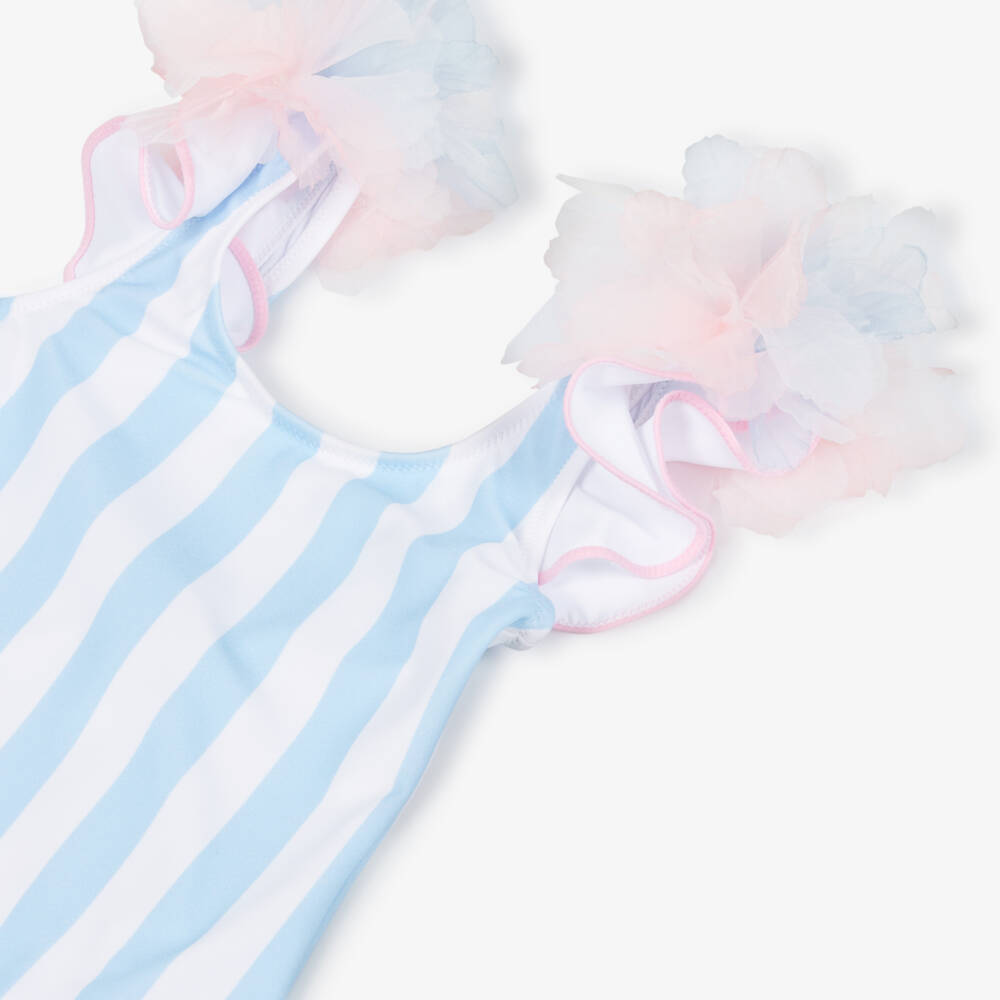 Nessi Byrd-Купальник бело-голубой в полоску с цветами для девочек | Childrensalon
