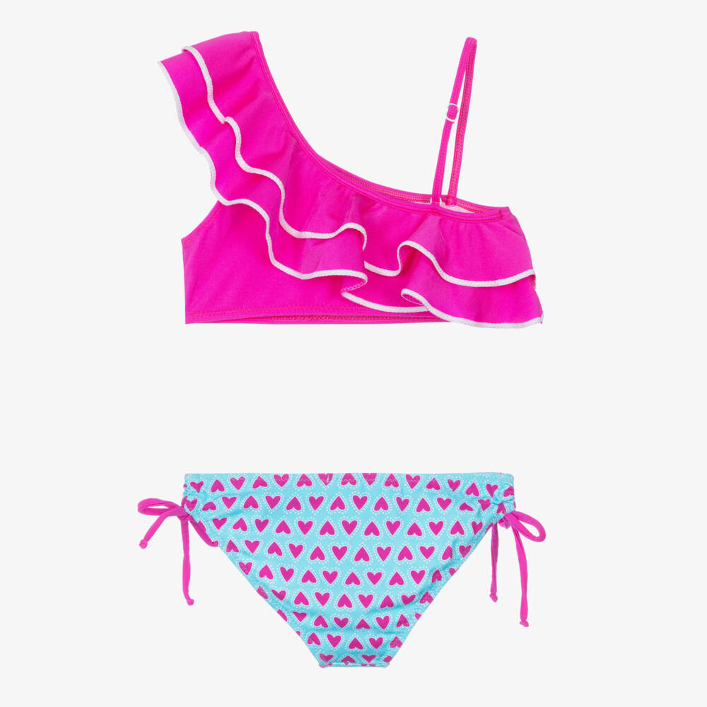 Nessi Byrd-Girls Fuchsia Pink & Blue Bikini with Heart Print (UV50) | Childrensalon