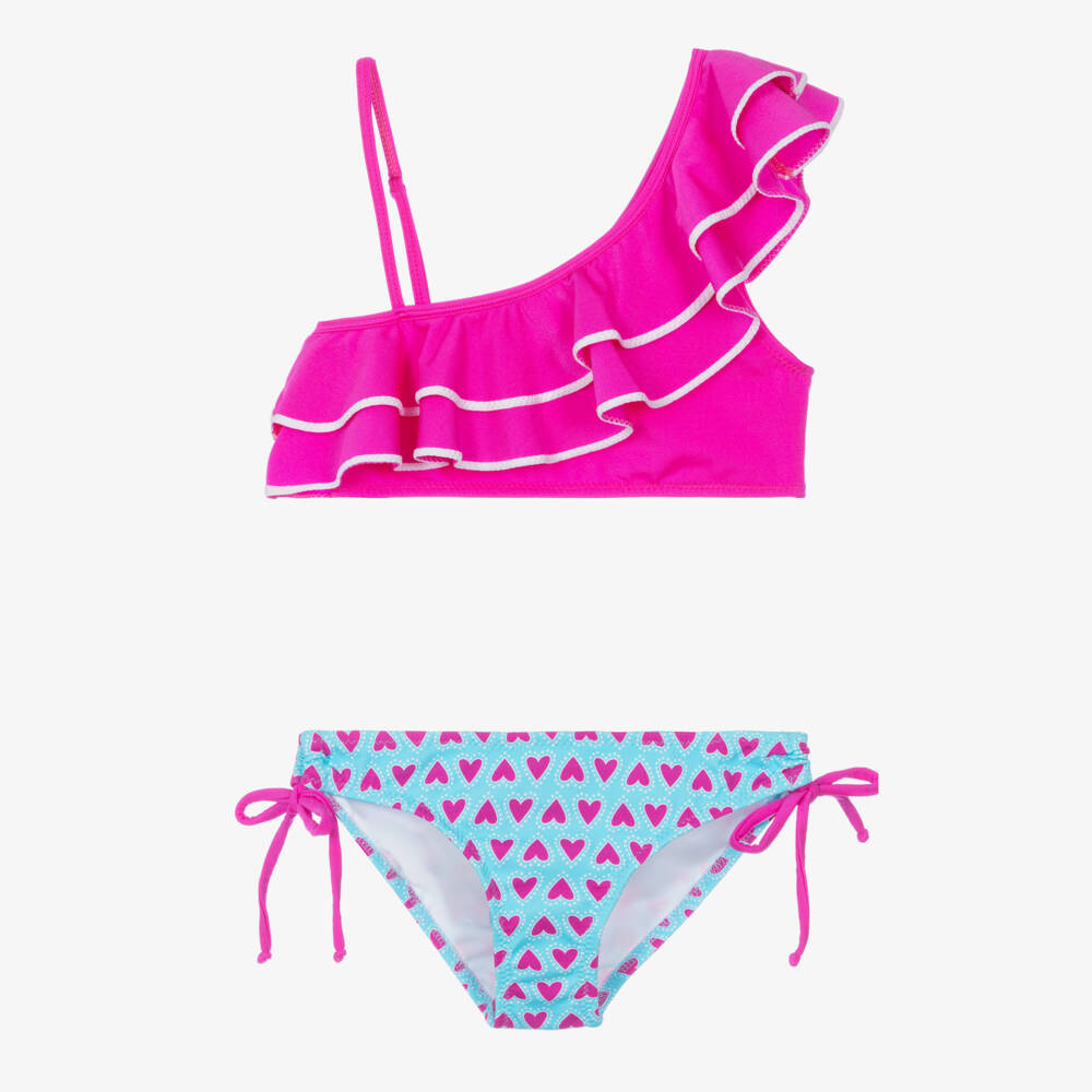 Nessi Byrd-Girls Fuchsia Pink & Blue Bikini with Heart Print (UV50) | Childrensalon
