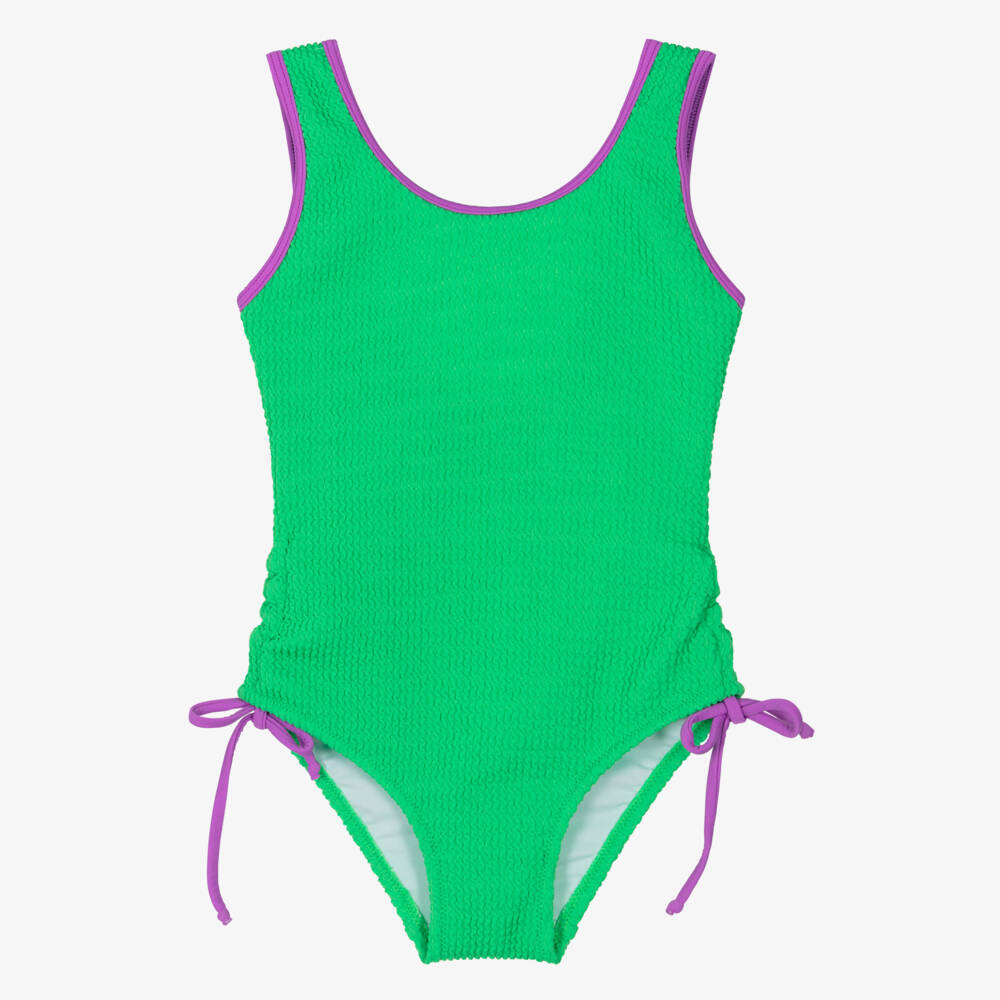 Nessi Byrd-Girls Green Crinkle Swimsuit with Purple Trims | Childrensalon