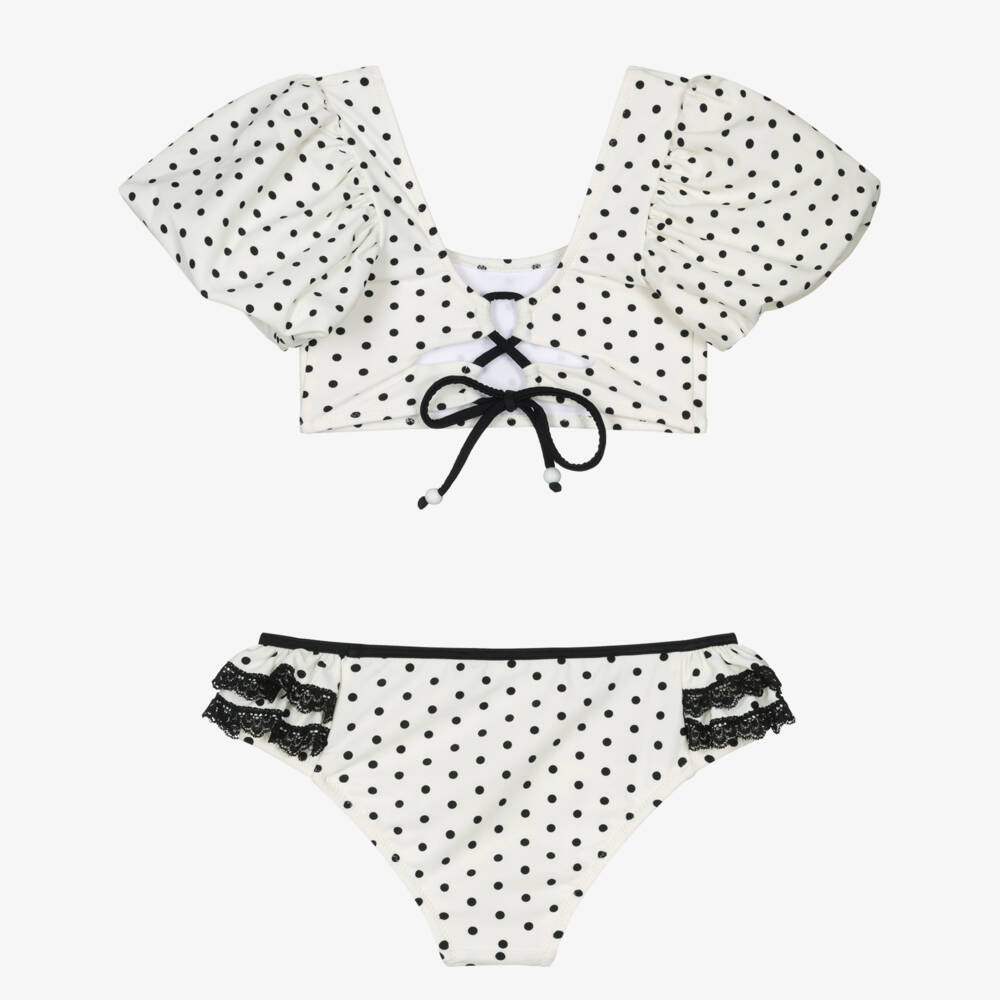 Nessi Byrd-بيكيني بنقاط بولكا ودانتيل لون عاجي وأسود للبنات (UV50) | Childrensalon