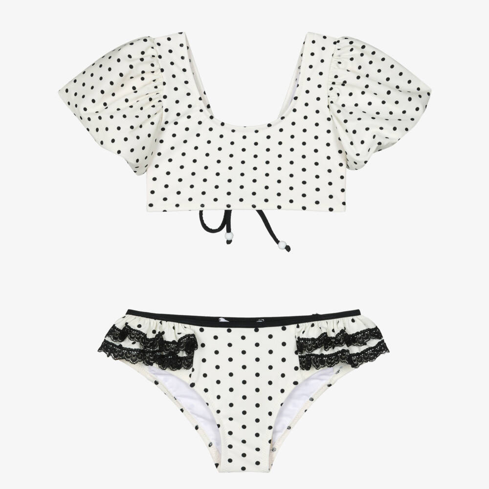 Nessi Byrd-بيكيني بنقاط بولكا ودانتيل لون عاجي وأسود للبنات (UV50) | Childrensalon