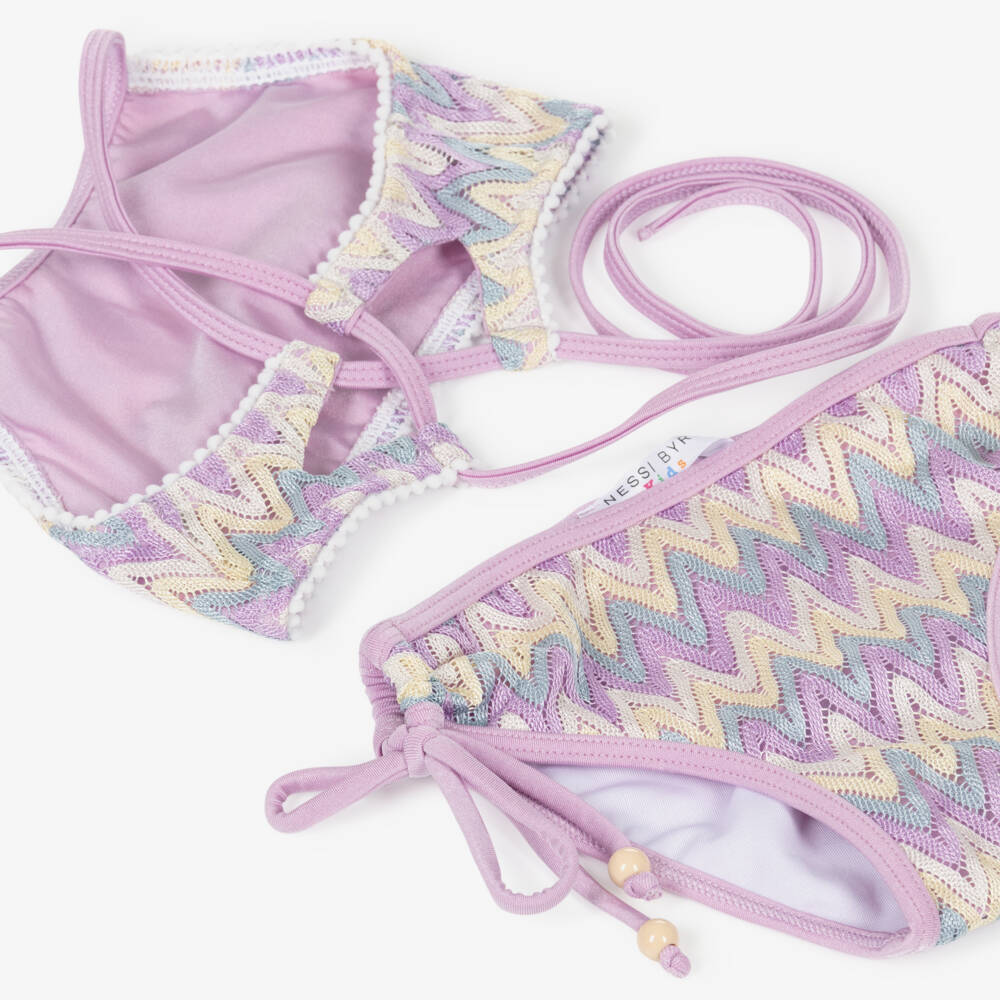 Nessi Byrd-بيكيني بطبقة دانتيل زيغ زاغ لون عاجي وبنفسجي للبنات | Childrensalon