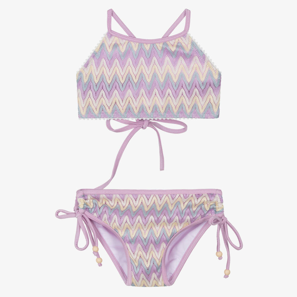 Nessi Byrd-بيكيني بطبقة دانتيل زيغ زاغ لون عاجي وبنفسجي للبنات | Childrensalon