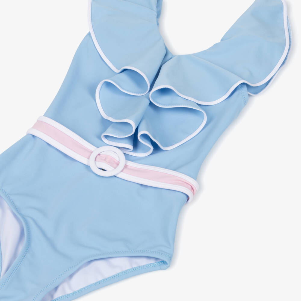 Nessi Byrd-Купальник с оборками и поясом голубой для девочек (UV50) | Childrensalon