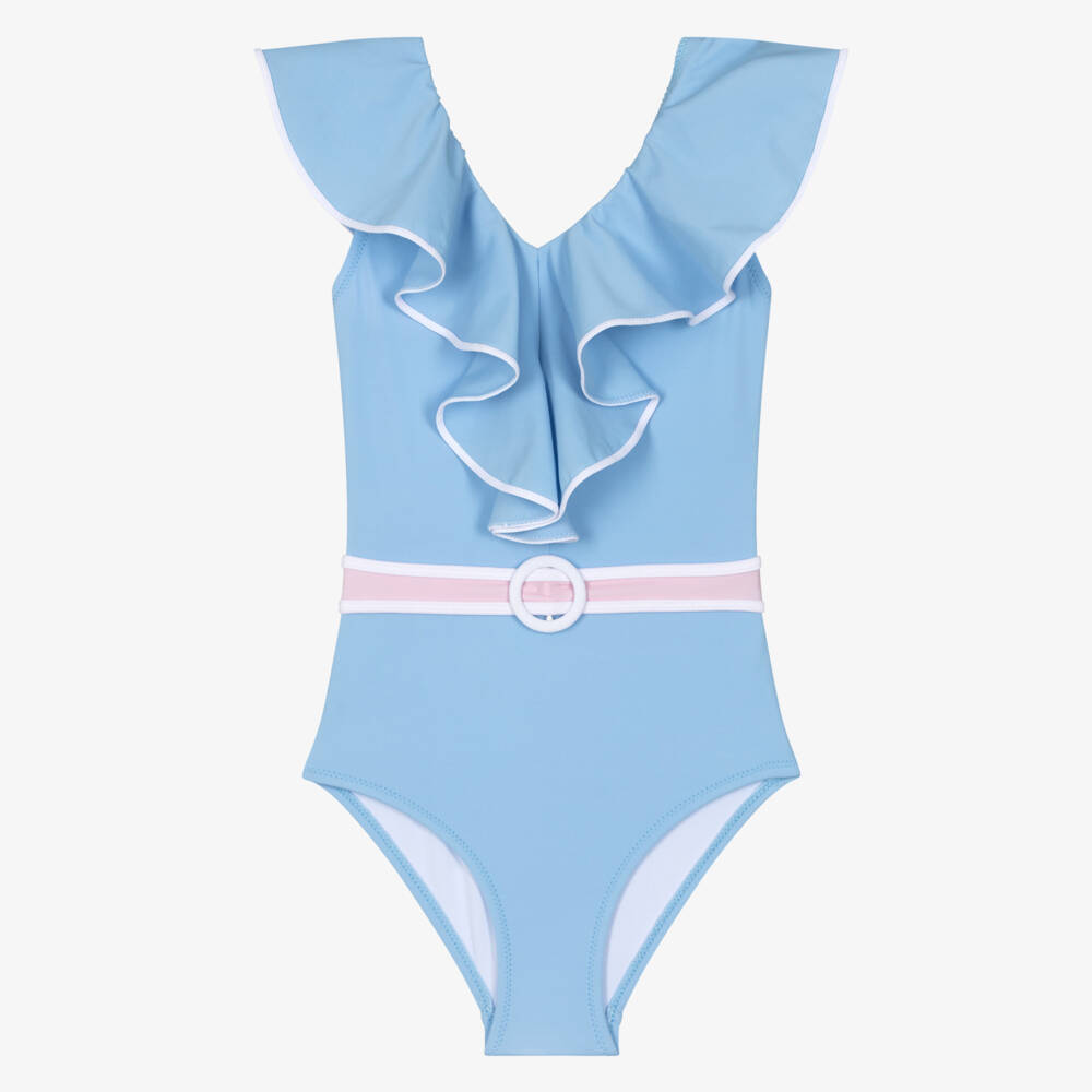 Nessi Byrd-مايوه مزين بحزام وكشكش لون أزرق باستيل للبنات (UV50) | Childrensalon