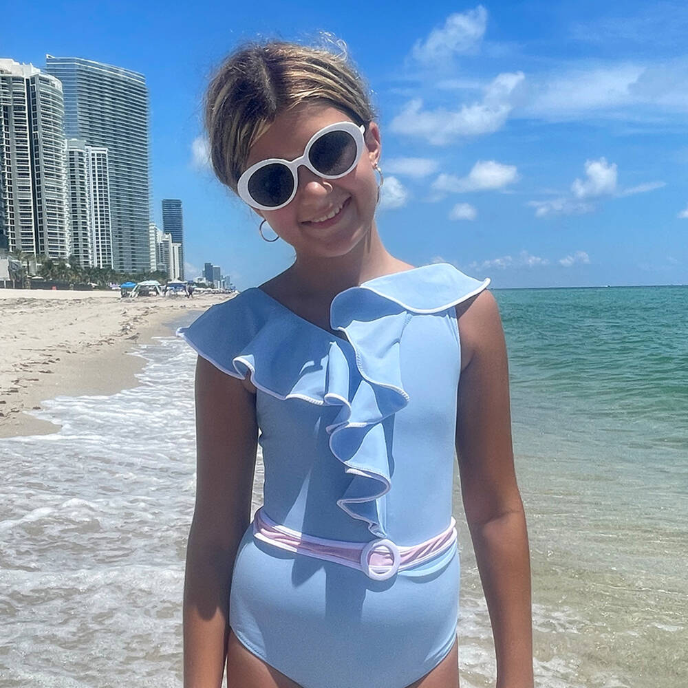 Nessi Byrd-Girls Pastel Blue Belted Ruffle Swimsuit (UV50) | Childrensalon