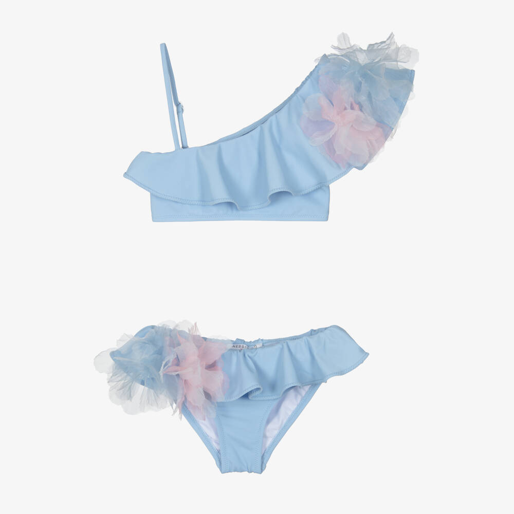 Nessi Byrd-Girls Pastel Blue Ruffle Bikini with Flowers | Childrensalon