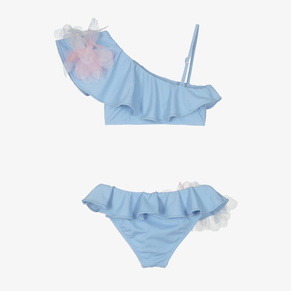 Nessi Byrd-Girls Pastel Blue Ruffle Bikini with Flowers | Childrensalon