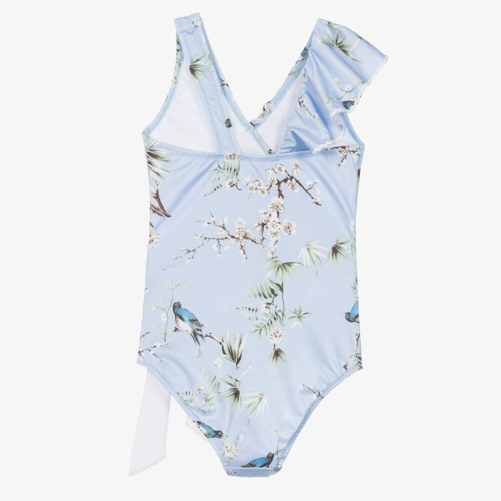 Nessi Byrd-Girls Pastel Blue Swimsuit with Bluebird Print (UV50) | Childrensalon
