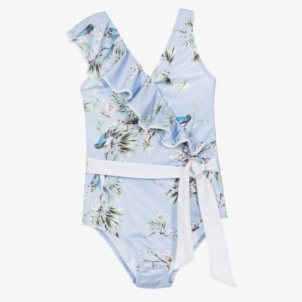 Nessi Byrd-Girls Pastel Blue Swimsuit with Bluebird Print (UV50) | Childrensalon