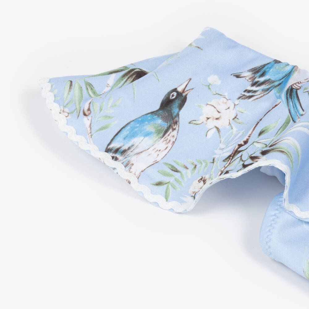 Nessi Byrd-Girls Pastel Blue Swimsuit with Bluebird Print (UV50) | Childrensalon