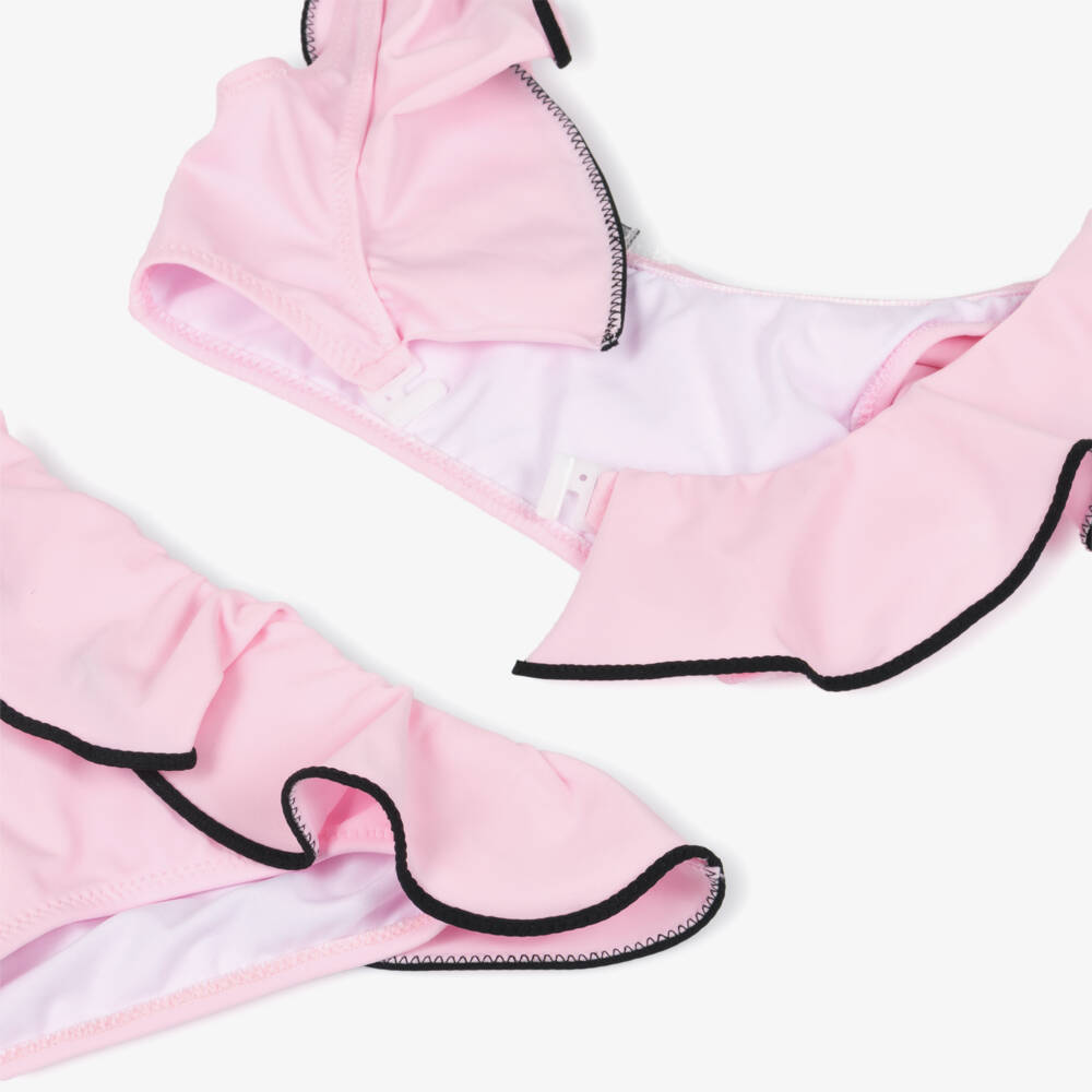 Nessi Byrd-Girls Pastel Pink Ruffle Bikini with Black Lacey Bow | Childrensalon