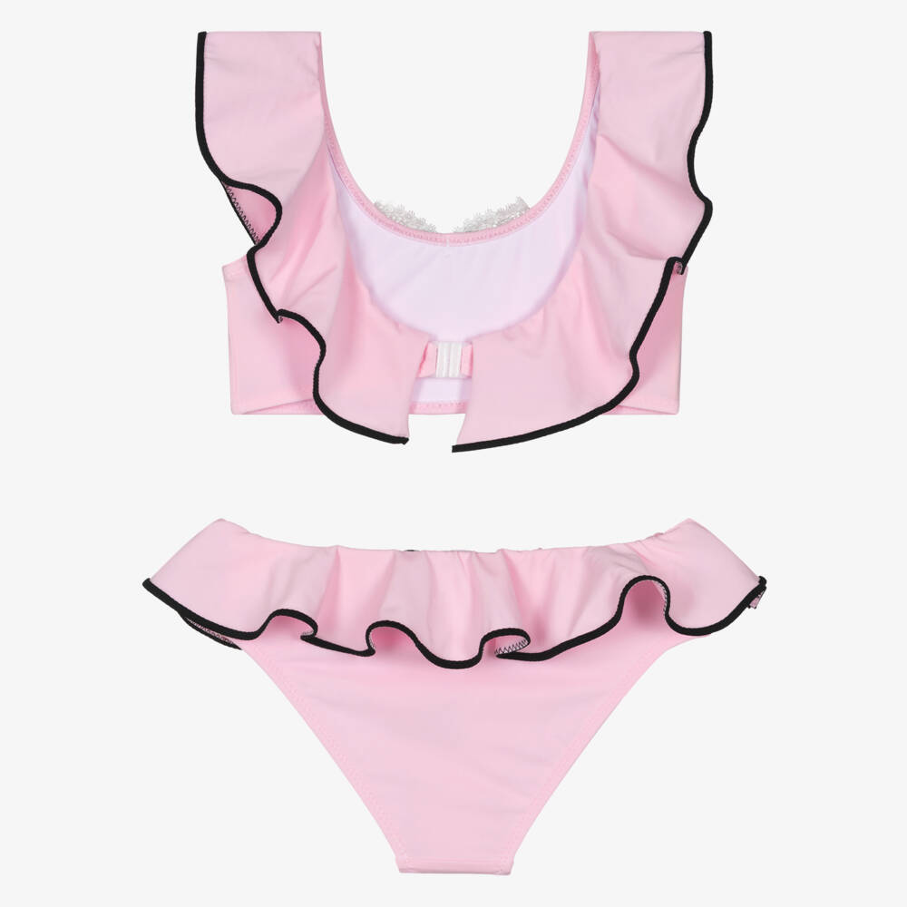 Nessi Byrd-Girls Pastel Pink Ruffle Bikini with Black Lacey Bow | Childrensalon