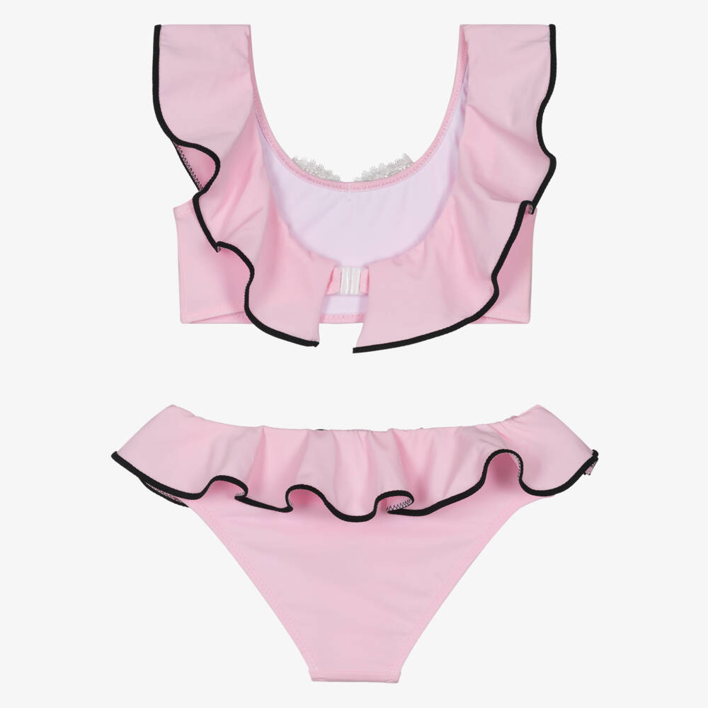 Nessi Byrd-Girls Pastel Pink Ruffle Bikini with Black Lacey Bow | Childrensalon