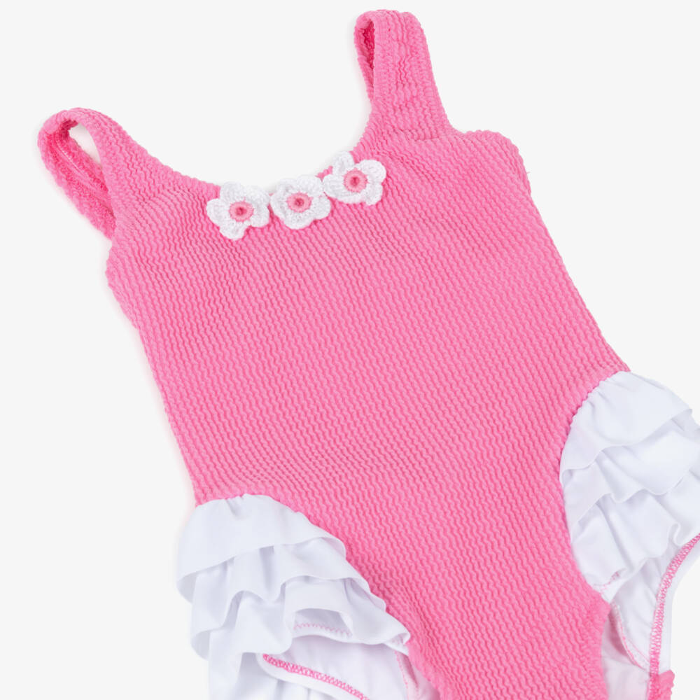Nessi Byrd-Girls Pink Floral & Ruffle Swimsuit (UV50) | Childrensalon