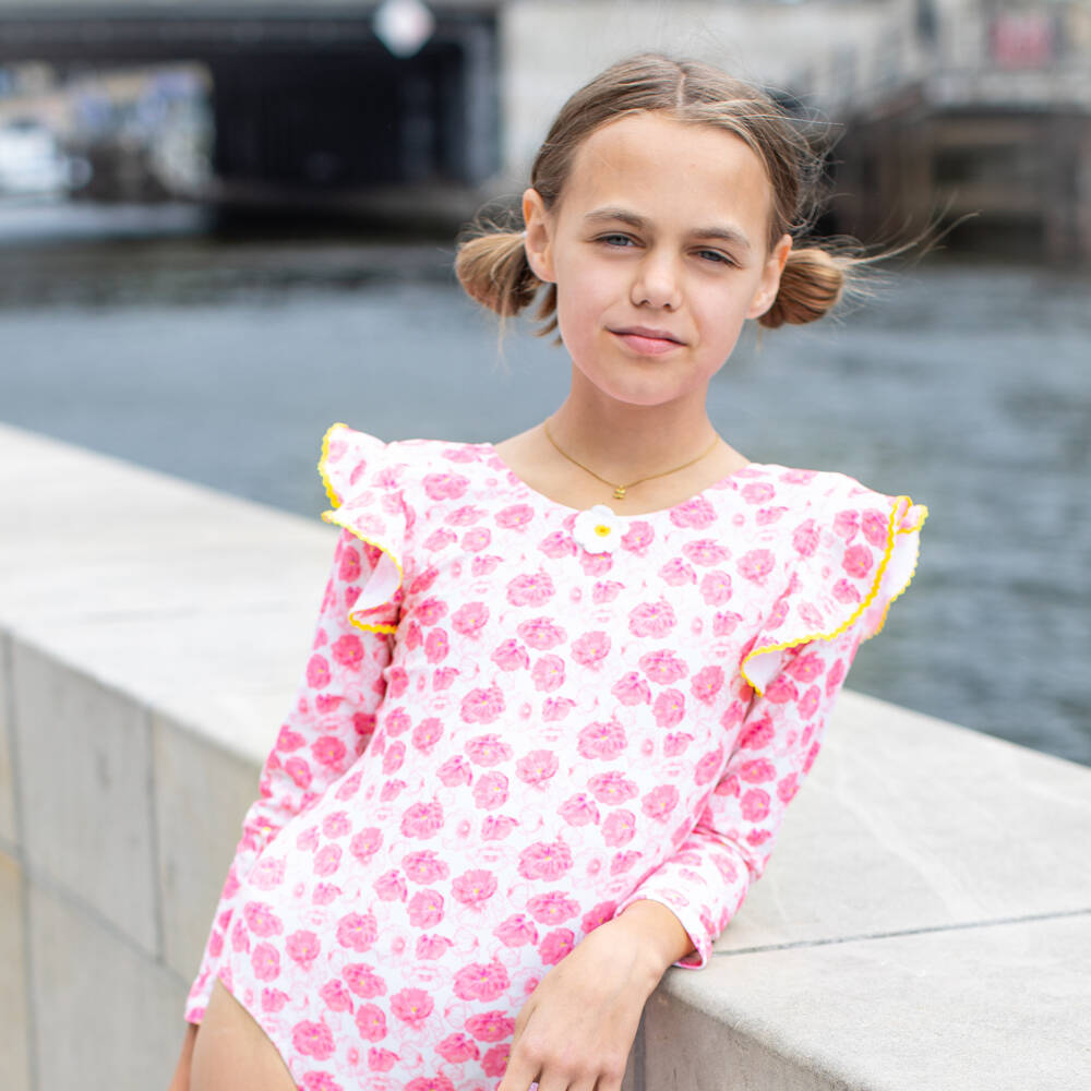 Nessi Byrd Girls Zizi Off Shoulder Swimsuit in Pink