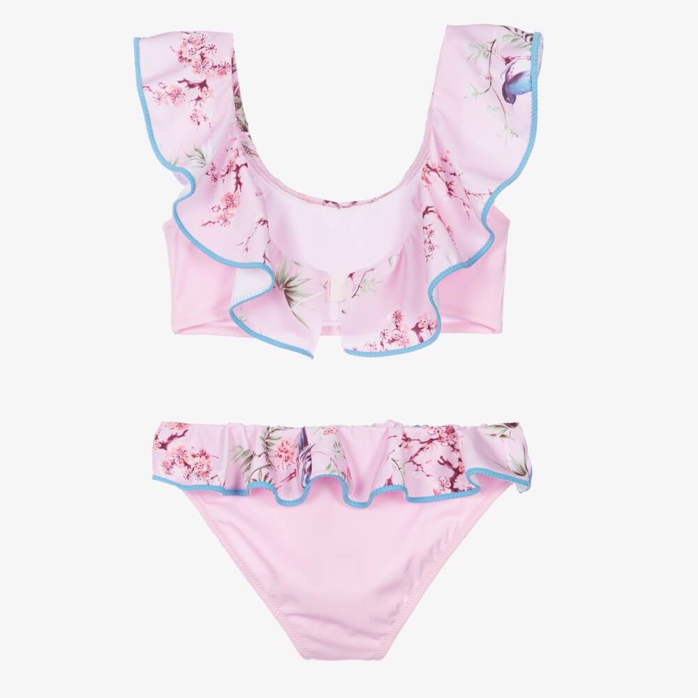 Nessi Byrd-Girls Pink Ruffle Bikini with Bluebird Print (UV50) | Childrensalon