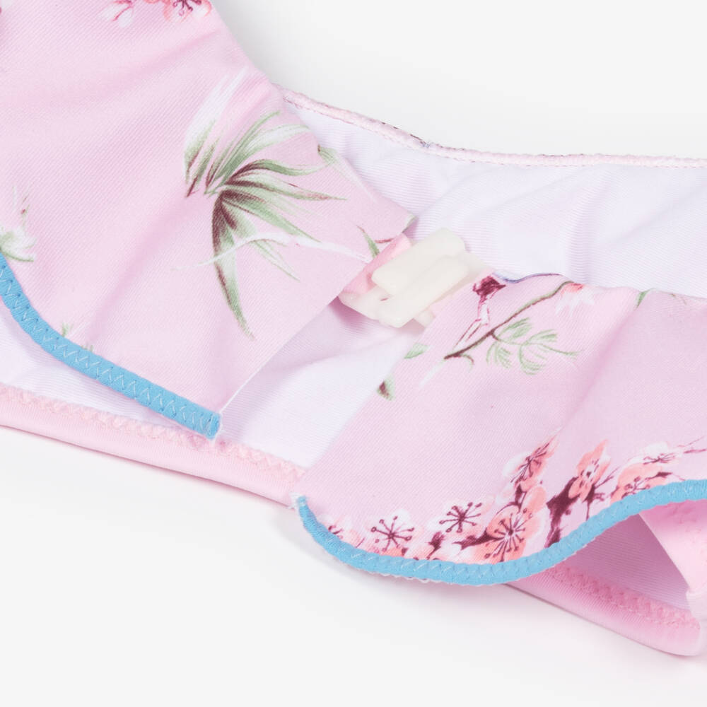 Nessi Byrd-Girls Pink Ruffle Bikini with Bluebird Print (UV50) | Childrensalon