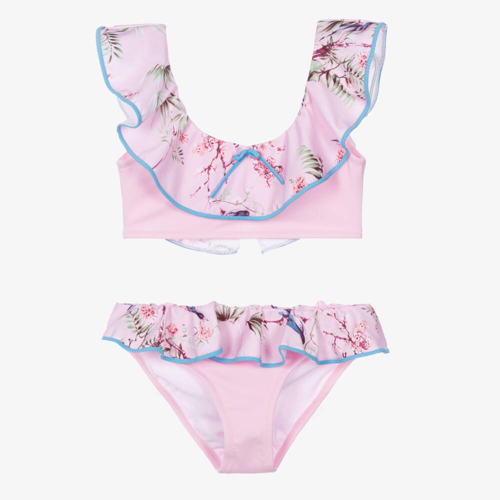 Nessi Byrd-Girls Pink Ruffle Bikini with Bluebird Print (UV50) | Childrensalon