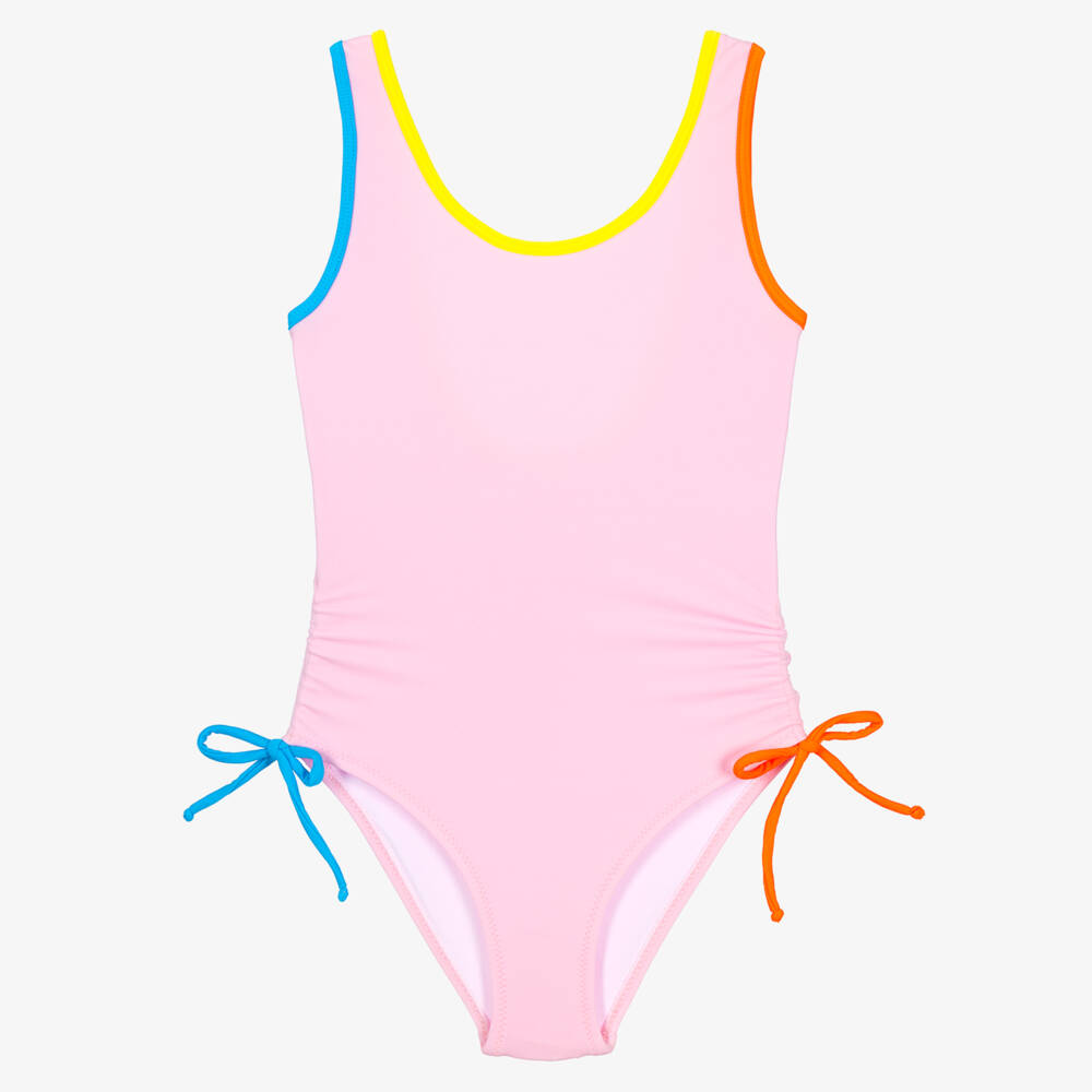 Nessi Byrd-Girls Pink Swimsuit with Multicolour Trims (UV50) | Childrensalon