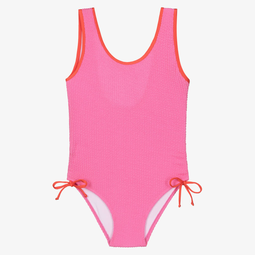 Nessi Byrd-Girls Pink Textured Swimsuit with Side Bows | Childrensalon