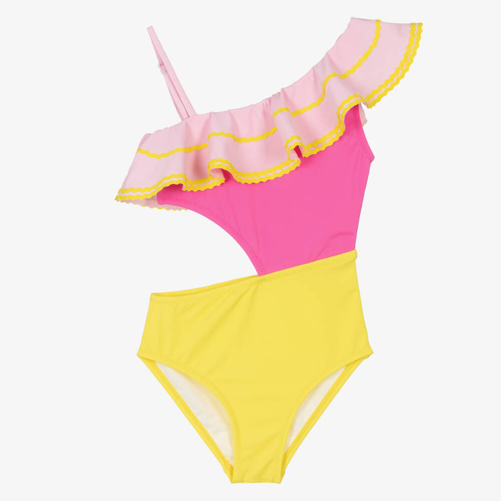 Nessi Byrd-Girls Pink & Yellow Swimsuit with Ric Rac Ruffle (UV50) | Childrensalon